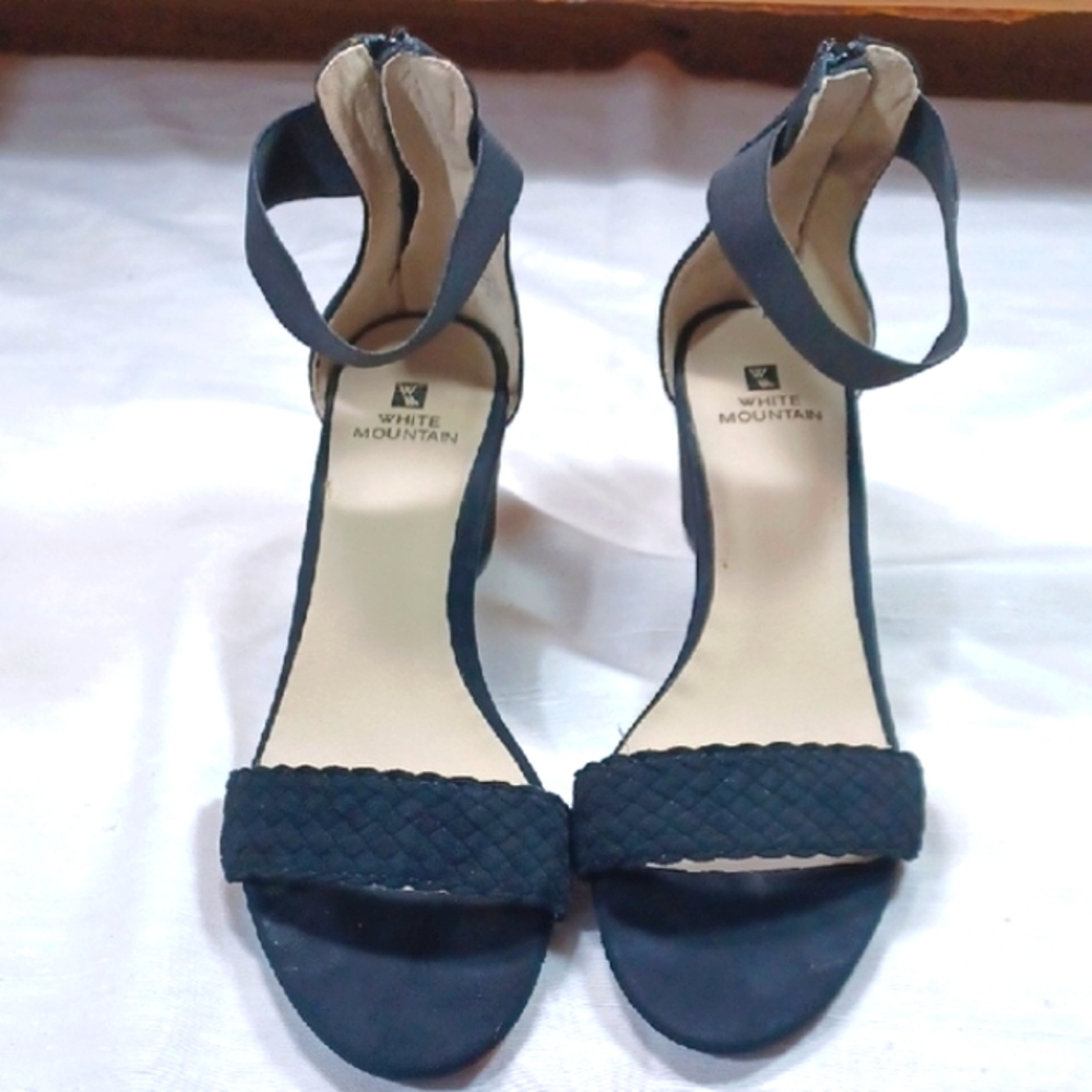 White Mountain Velvet Black Braided Strappy Zip Back  Heels  8.5 M